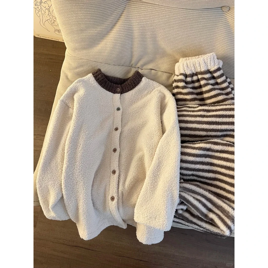 韩版简约休闲撞色条纹珊瑚绒睡衣女冬季新款保暖家居服套装可外穿