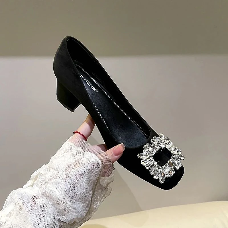2025春秋新款方头粗跟浅口水钻职业法式单鞋黑色绒面通勤高跟鞋女