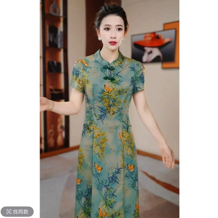 复古风休闲风短袖常规花罗旗袍中式旗袍显瘦优雅时尚夏装裙子修身