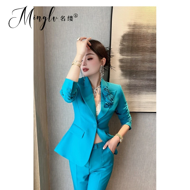 高端轻奢职业套装气质设计感蓝色西装西装套装女2025时尚新款秋季