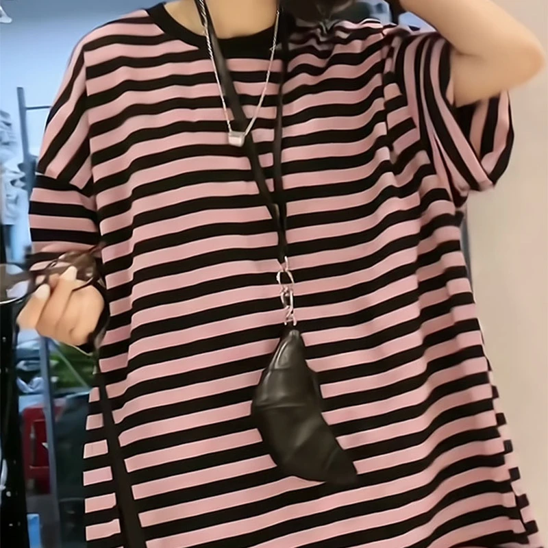 欧货重磅条纹短袖T恤女2025新款时尚高级感中长款穿搭上衣