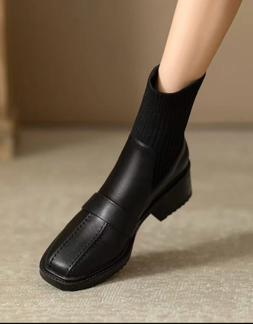 2025冬季针织筒粗跟短靴女真皮高跟瘦瘦靴子马丁靴弹力靴001-3