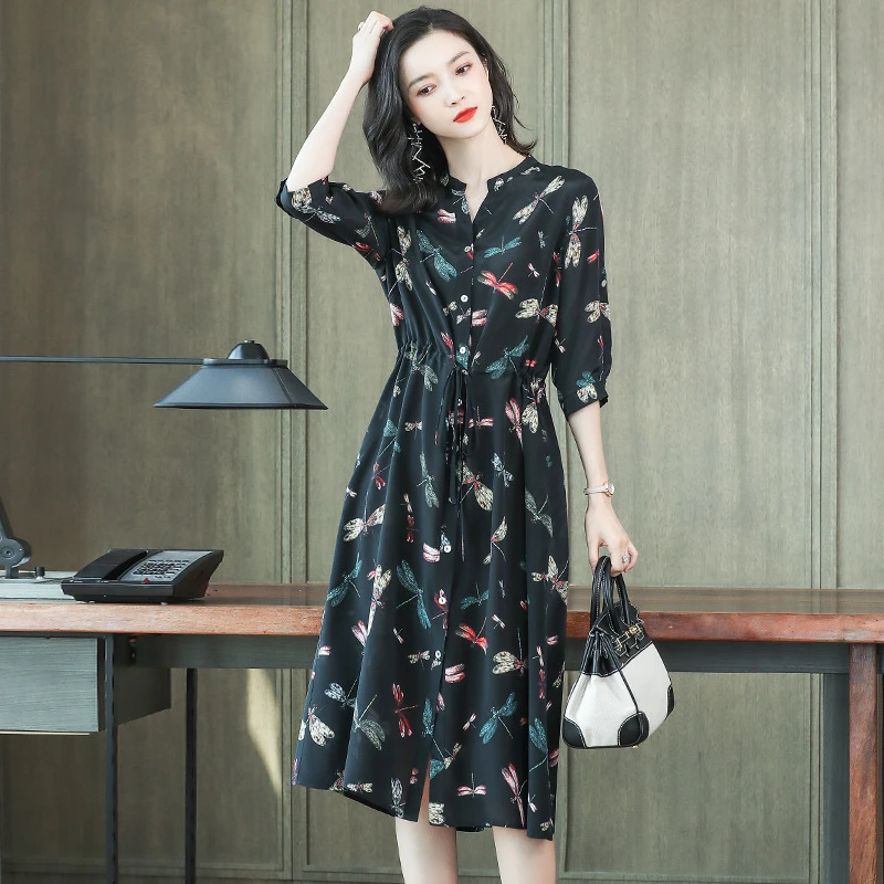 【四季青】#特价#v领显瘦真丝印花连衣裙女2025印花桑蚕丝中裙子