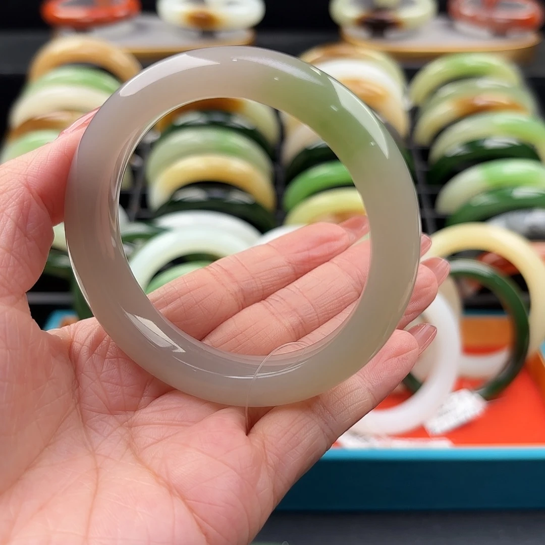 和田玉未镶嵌手镯紫翠双色56.7