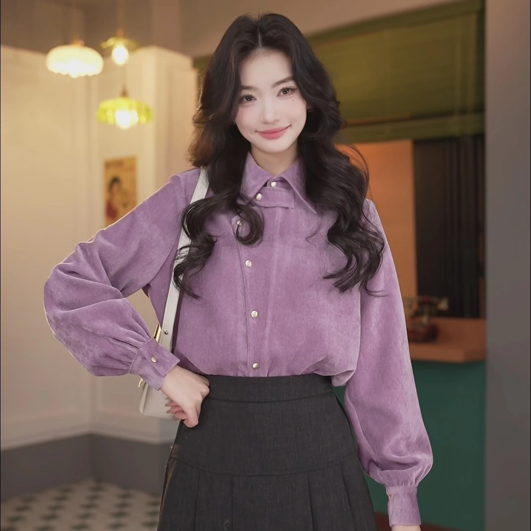 陈佳洁【流星夜语】港风复古纯色衬衫女宽松显瘦上衣JK0725197
