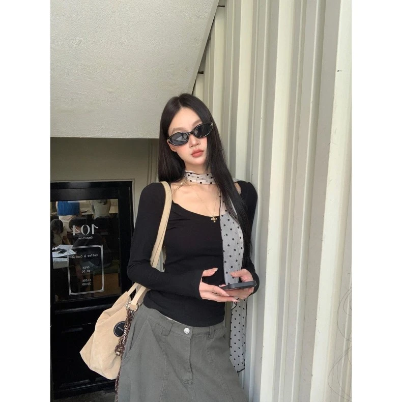 美式减龄百搭波点飘带长袖T恤女初秋2025新款超火修身显身材上衣