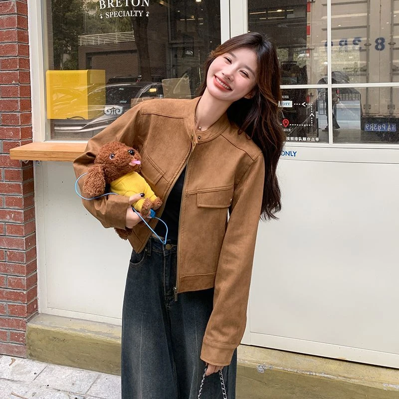 卡其色麂皮绒立领外套女春秋新款高级感美拉德小个子休闲夹克百搭
