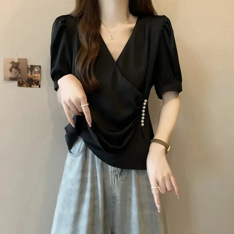 大码女装遮肚子小香风V领衬衫女夏季胖mm收腰显瘦短款正肩上衣女