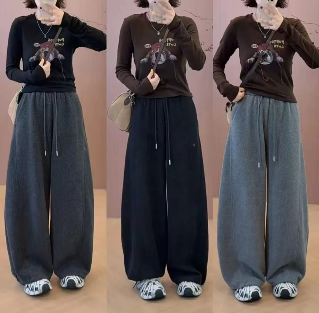 2025新款秋冬季加绒阔腿休闲裤子爆款显瘦宽松小弯刀保暖加厚卫裤