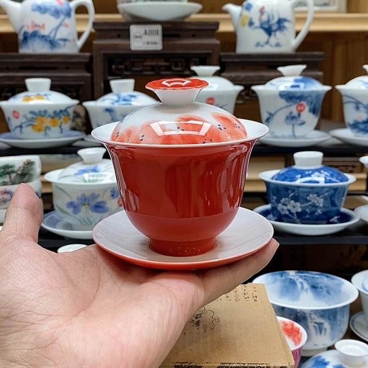 手绘龙船花盖碗160cc釉下彩微瑕福利款