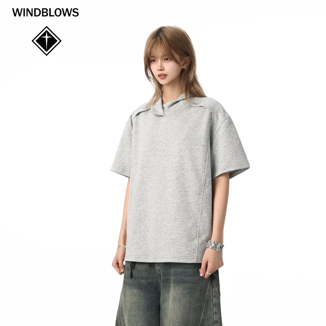 WIND BLOWS2025夏季美式休闲百搭简约纯色翻领宽松短袖