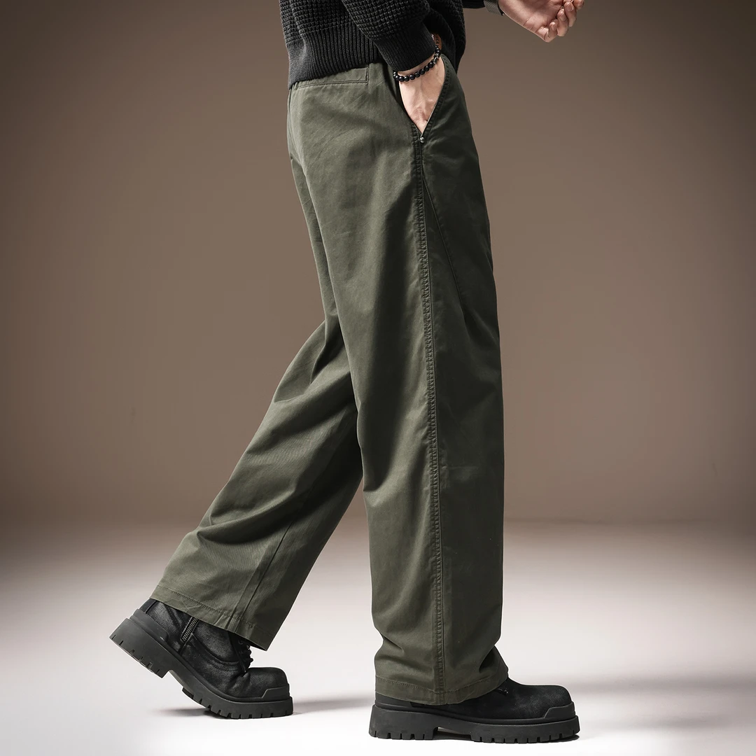 高端日系复古纯棉男士休闲裤秋季新款纯色简约宽松直筒阔腿长裤男