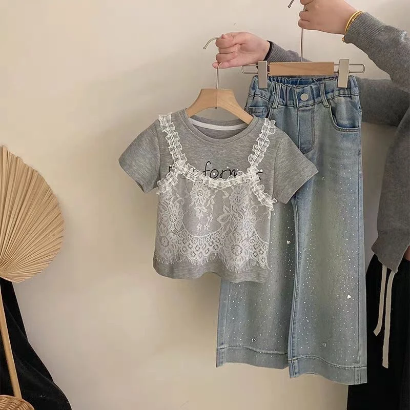 女中大童夏季新款两件套装韩系时尚爆款短袖洋气百搭牛仔裤潮流