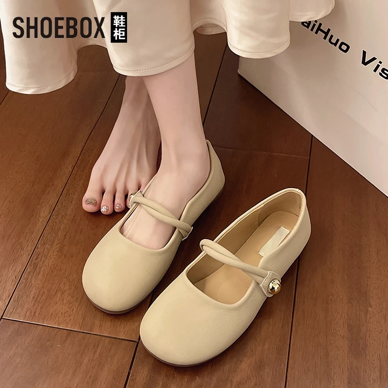 SHOEBOX鞋平底玛丽珍鞋女2025夏新款一脚蹬法式单鞋温柔豆豆鞋