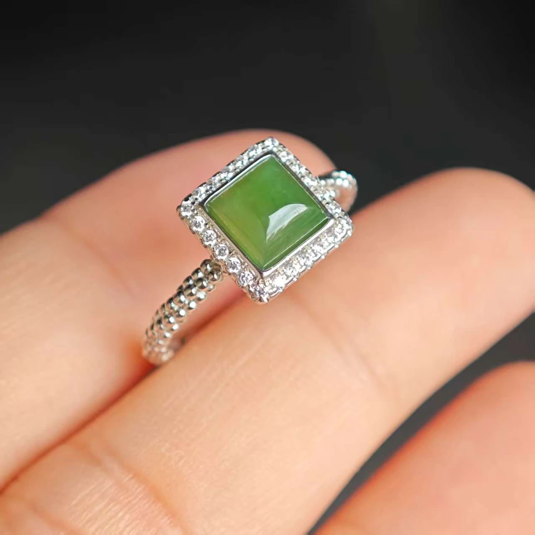 新疆爱思尔新疆和田玉戒指S925碧玉方形戒指0AYA0C09（多样性发货）