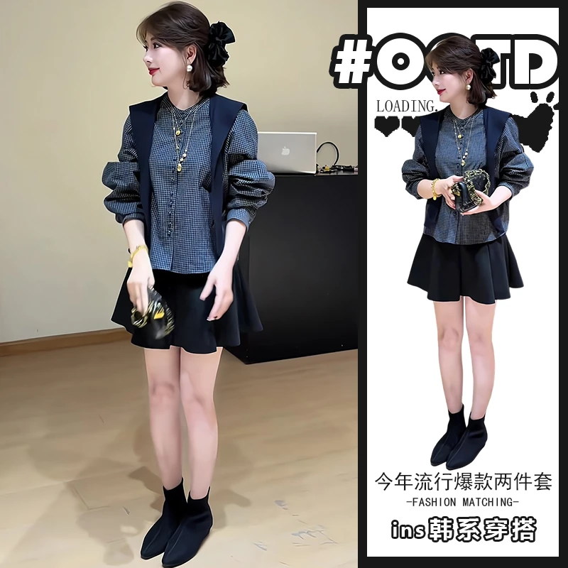 秋季一整套女装2025新款韩版休闲显瘦气质时尚长袖上衣短裙三件套