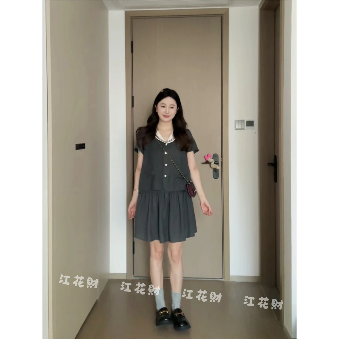 【通勤推荐】韩系夏季轻薄透气精致娃娃领短袖上衣+减龄A字半裙套装