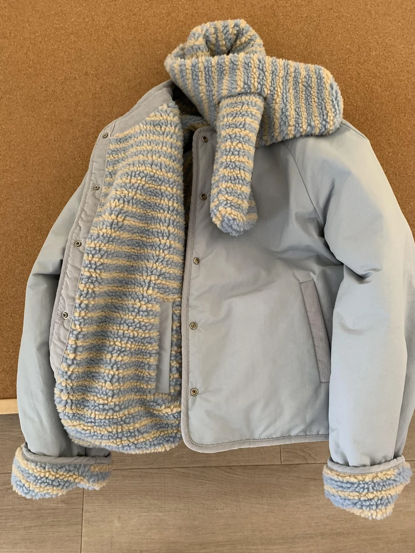 超好看两面双穿雾霾蓝棉服棉衣女冬季韩系棉袄条纹羊羔毛夹棉外套