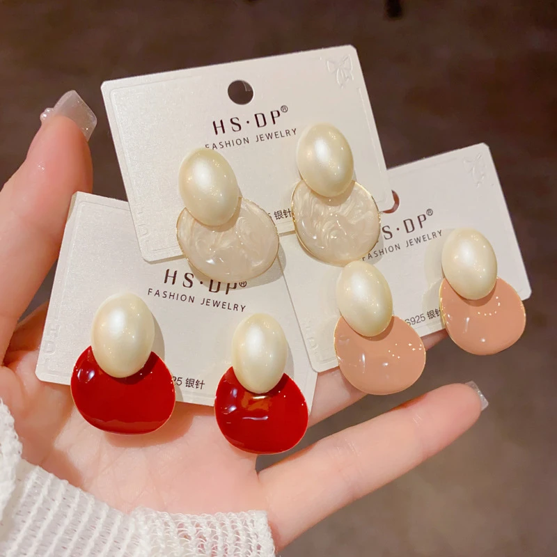 铜合金树脂耳饰 轻奢复古几何撞色椭圆耳钉