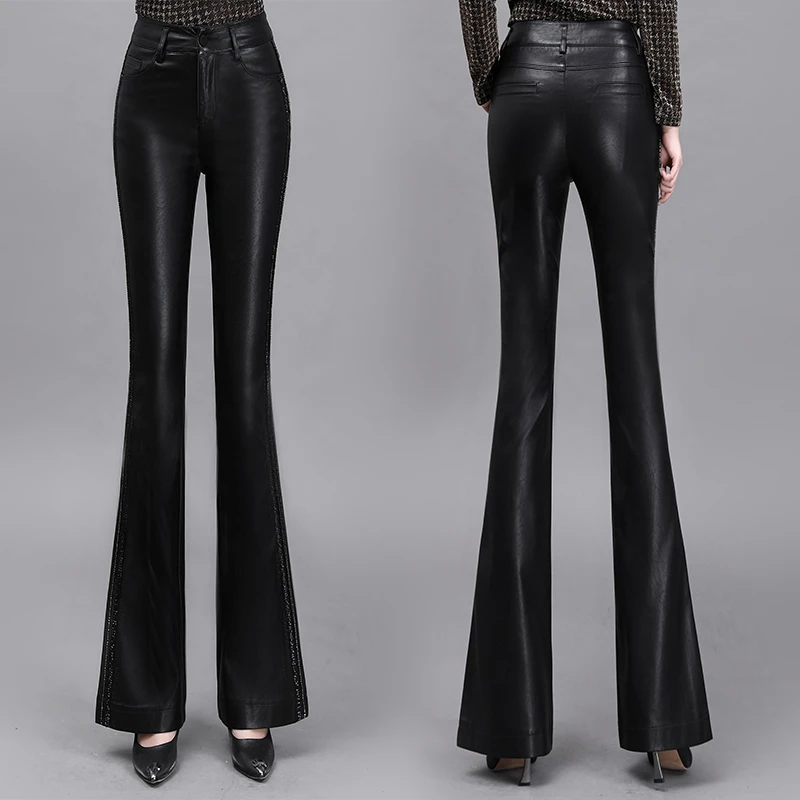 高端轻奢微喇叭PU皮裤2025秋季新款大码女裤高腰宽松显瘦喇叭裤子