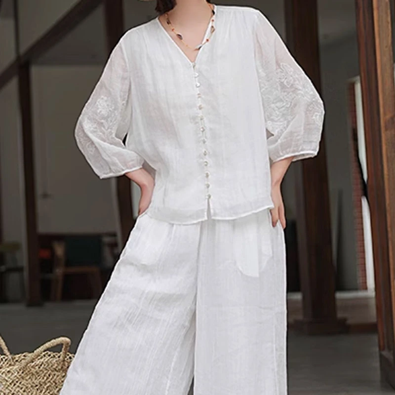 2025夏季新品苎麻加捻宽皱刺绣休闲清凉开衫上衣