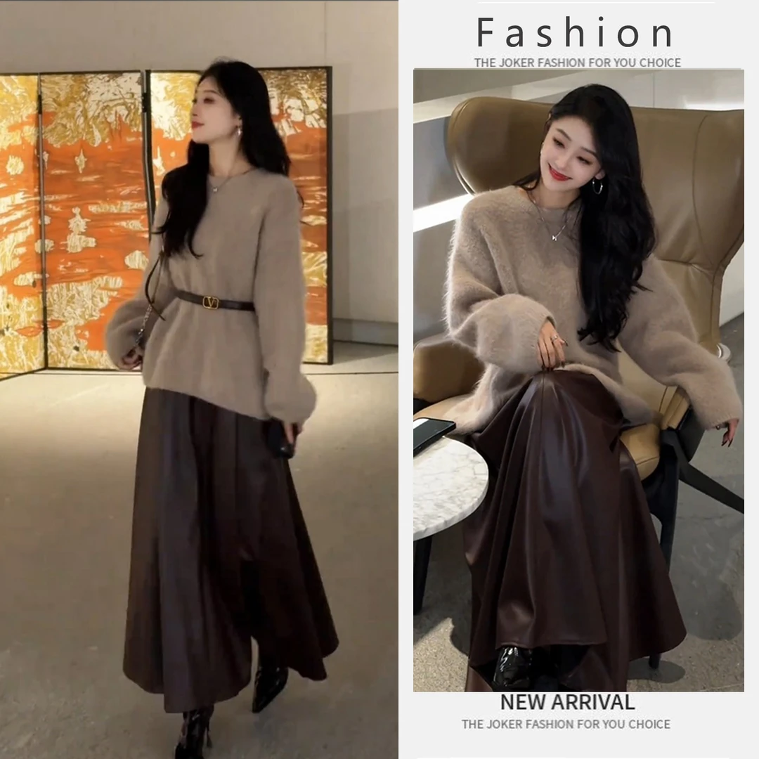 Y1776#冬季绝美轻奢高级感小众减龄宽松针织衫上衣高腰半身裙女