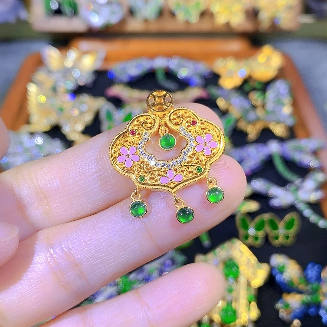 吊坠(不含链)银S925镶嵌翡翠