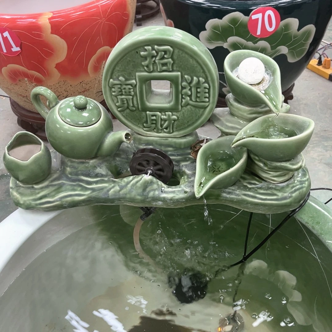 陶招财茶壶绿色摆件