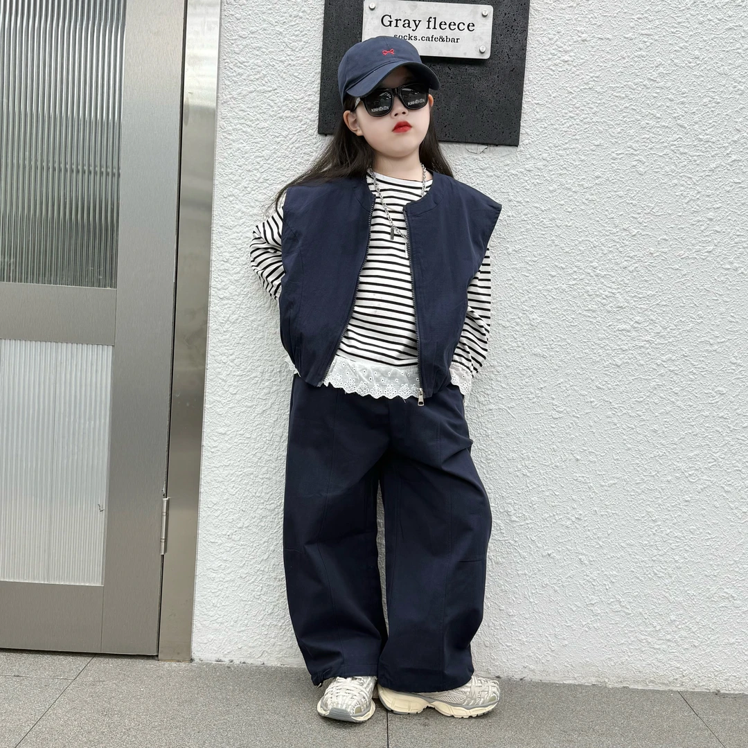 女童秋季2025韩版时髦马甲条纹花边打底衫阔腿裤三件套中大童套装