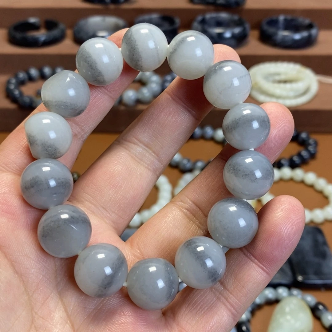 和田玉未镶嵌手串新疆和田玉青花飘墨16圆珠手串
