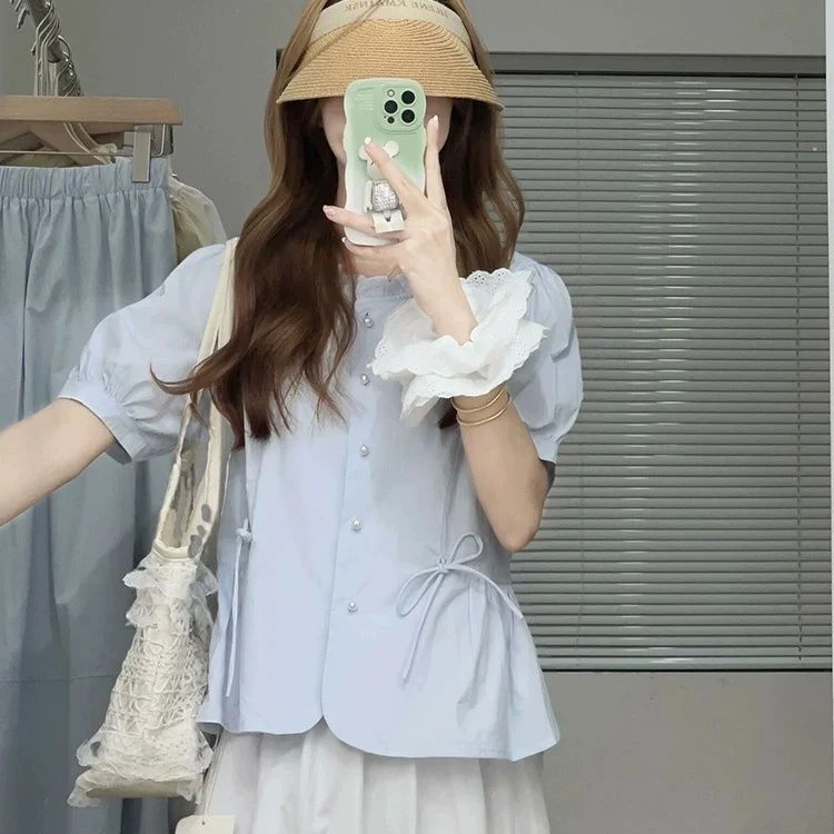 慵懒风蓝色泡泡袖衬衫女夏季2025新款小个子小众休闲短袖上衣