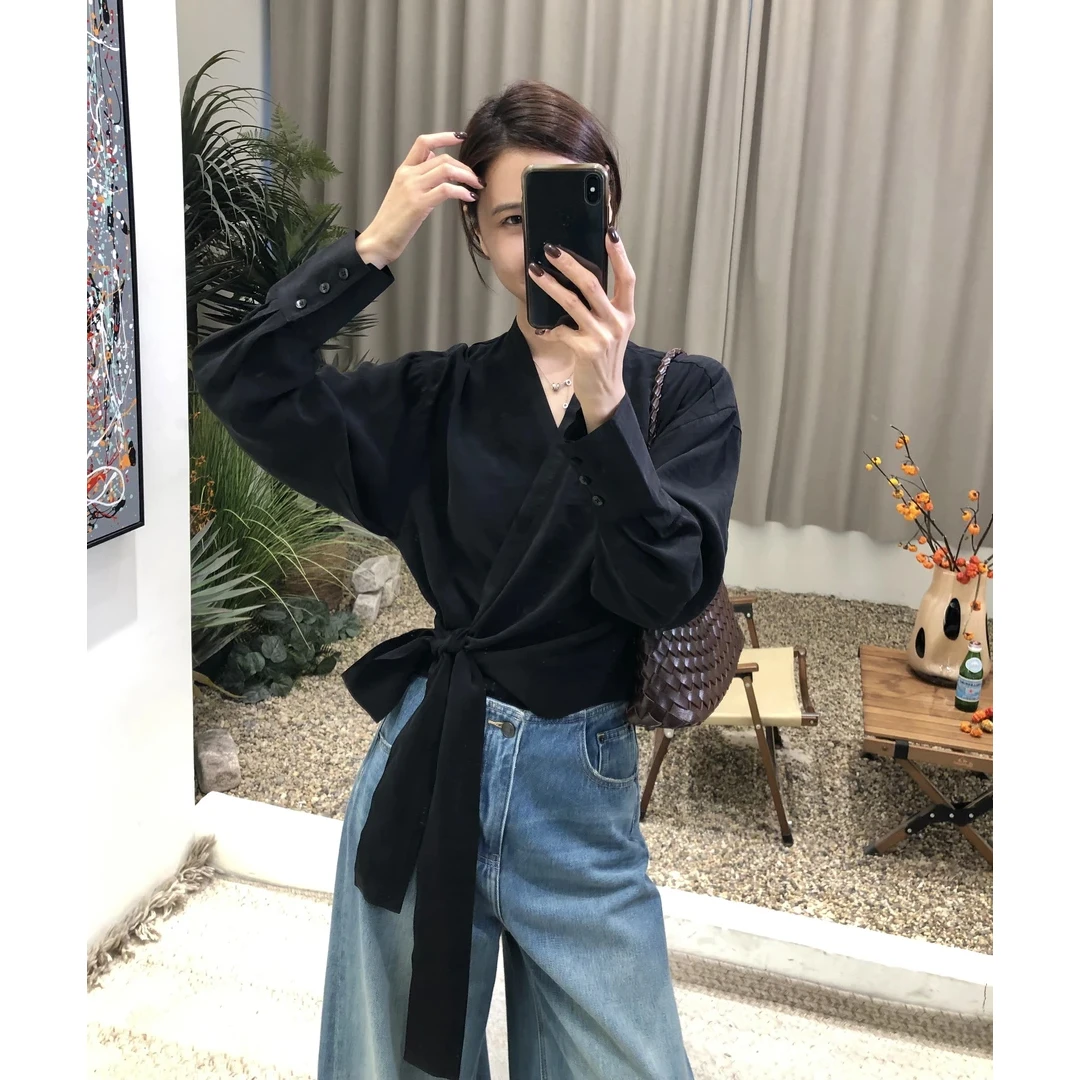 暗夜～韩系气质绑带设计感百搭纯色休闲2025年新款收腰显瘦衬衫女