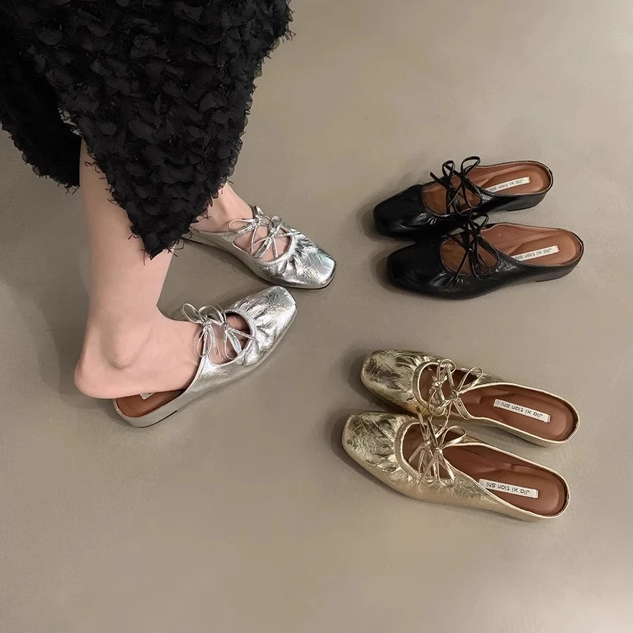 内增高蝴蝶结银色包头半拖女鞋子时尚外穿2025新款夏季玛丽珍凉鞋