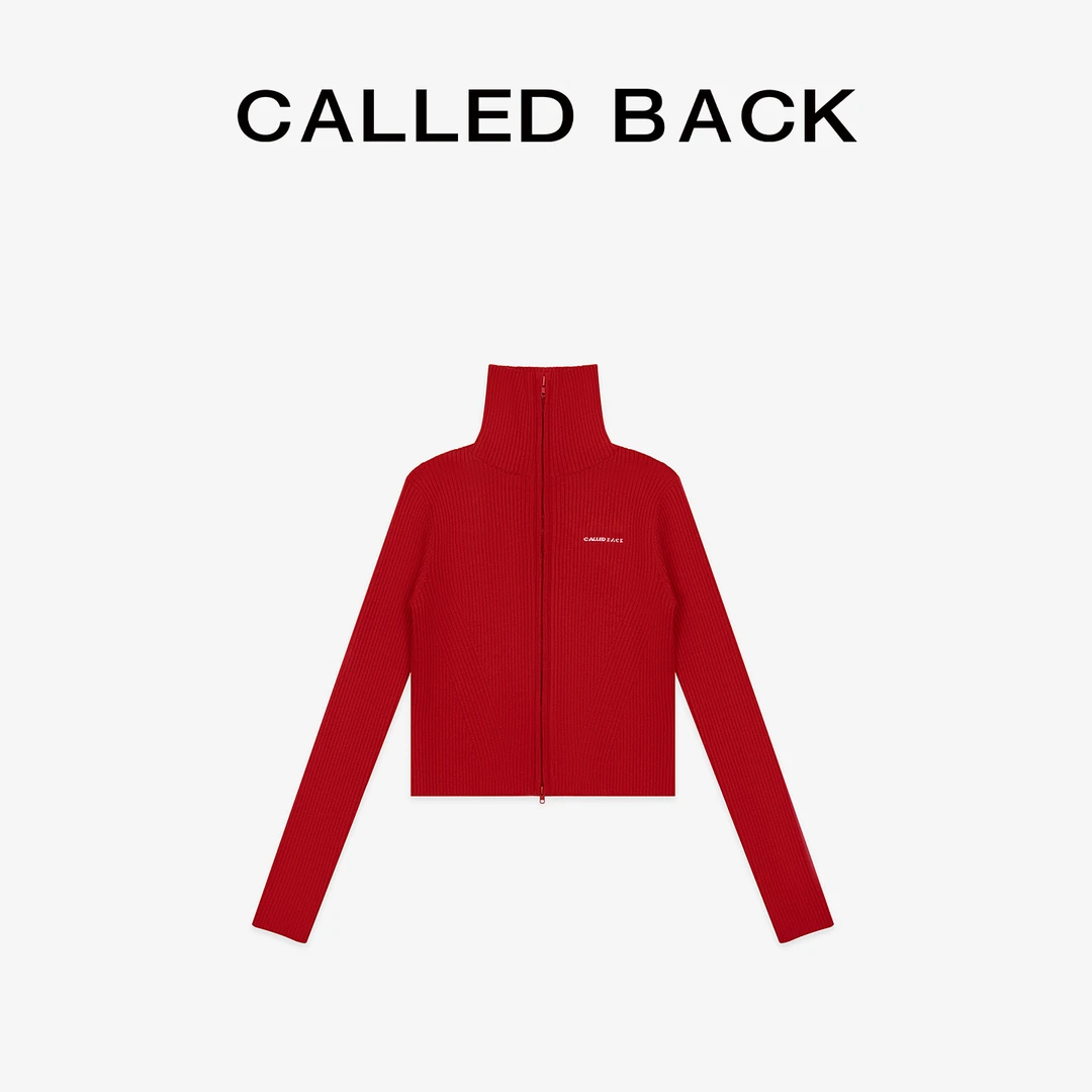 CALLED BACK红色短外套女秋季新款百搭立领修身针织开衫上衣