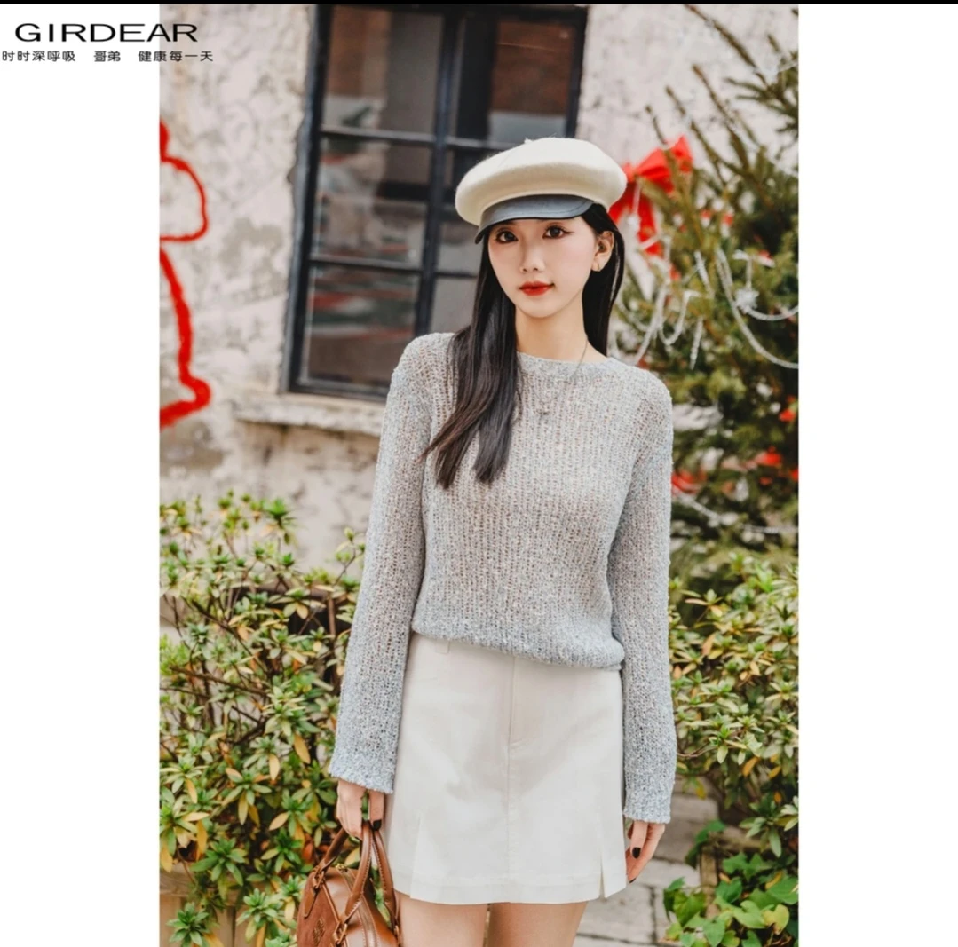 GIRDEAR/哥弟新款时髦复古百搭显瘦气质设计感镂空针织T恤138013