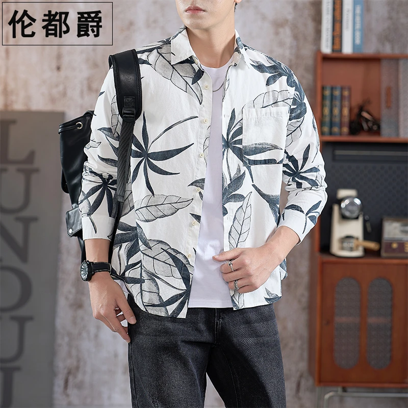 2025秋季新款男士长袖衬衫韩版潮流宽松休闲百搭白色帅气纯棉衬衣