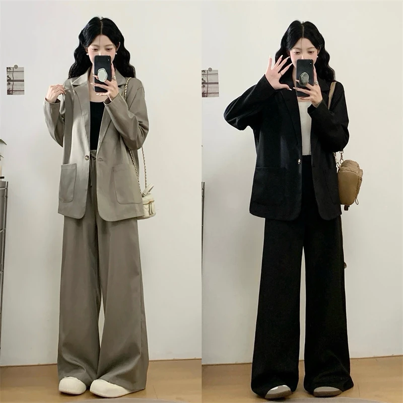 大码秋季新款休闲套装高级感气质显瘦西装外套+休闲阔腿裤两件套
