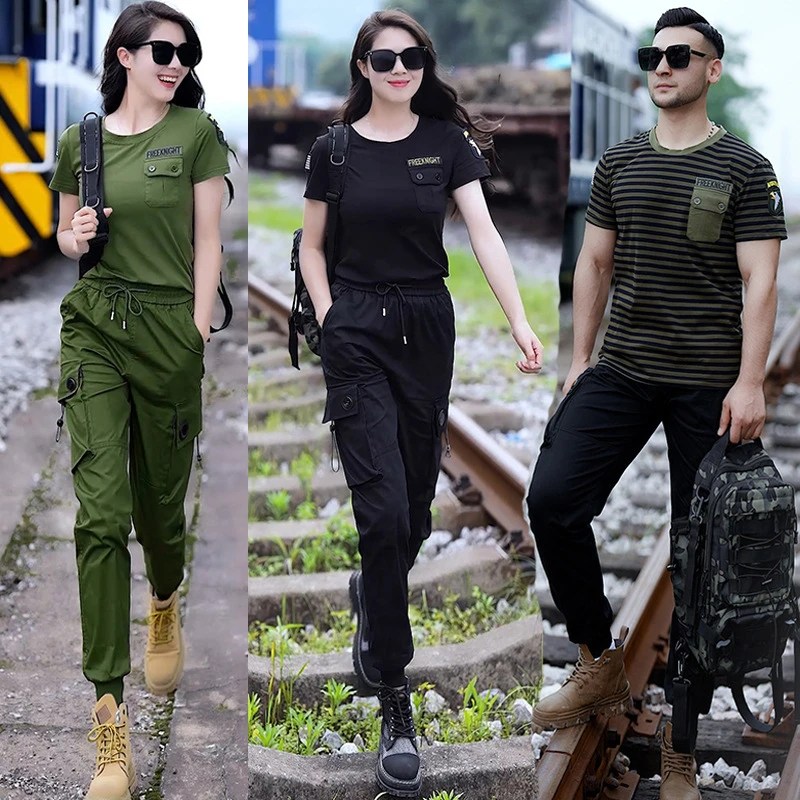 情侣服夏季新款迷彩短袖圆领t恤女显瘦长裤宽松水兵舞服装两件套