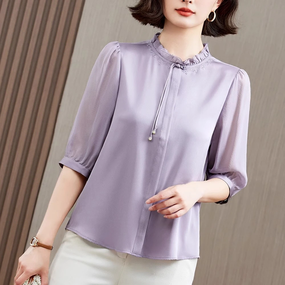 重磅真丝衬衫女2025年夏装新款立领短袖木耳边洋气妈妈桑蚕丝上衣