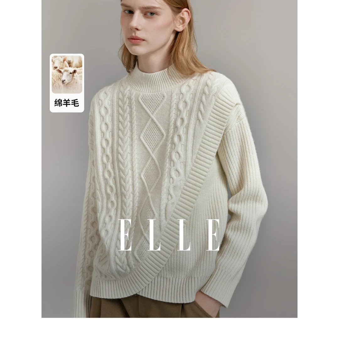 ELLE复古慵懒风半高领毛衣2023秋冬新款宽松保暖热力针织EM36968