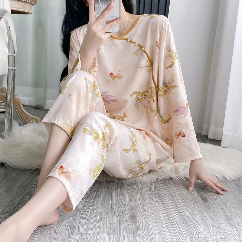 中式改良国风睡衣女棉绸套头人造棉绵绸薄款宽松家居服夏印花套装
