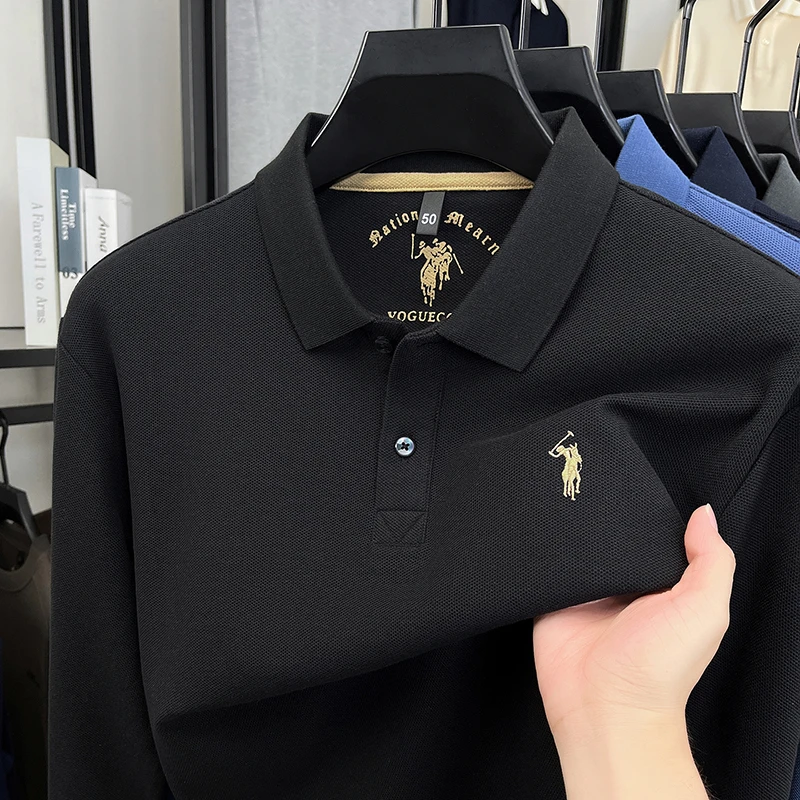 男士春秋季刺绣款POLO衫长袖100%纯棉商务休闲翻领透气t恤衫上衣