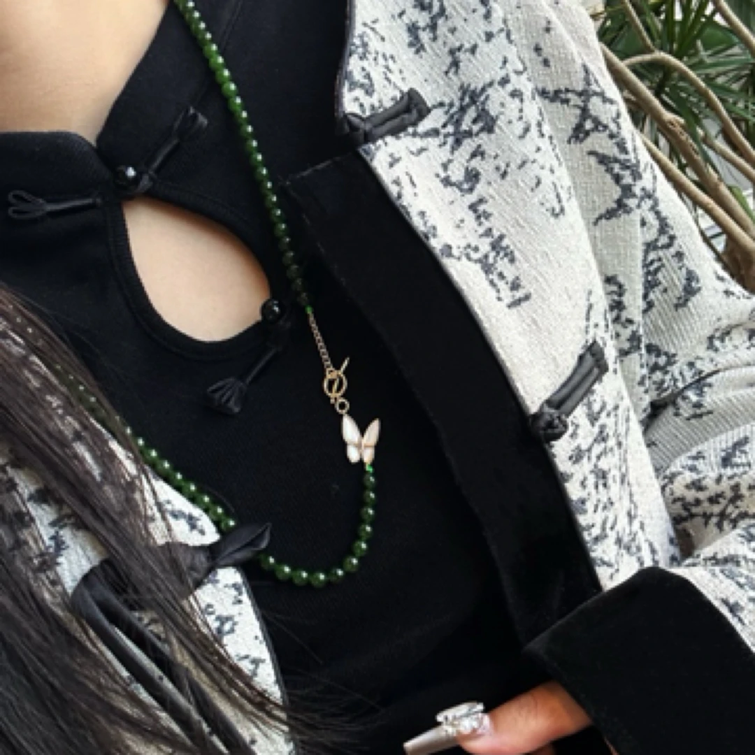 和田玉俄料碧玉菠菜绿108粒手链项链同款