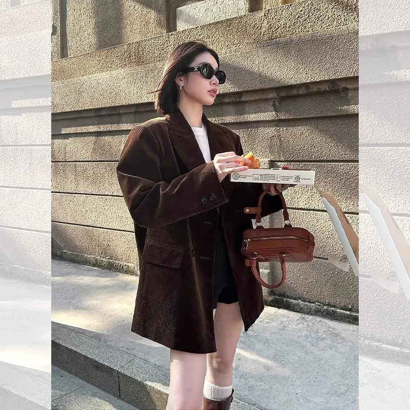 胖妹mm复古灯芯绒西装外套女2025春秋大码设计感小众气质休闲西服