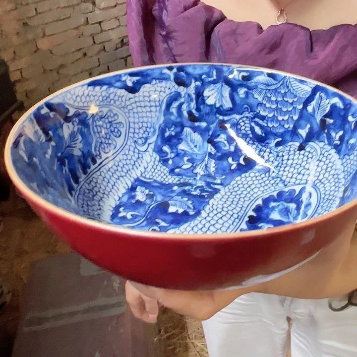 摆件景德镇高温陶瓷季红青花龙纹碗