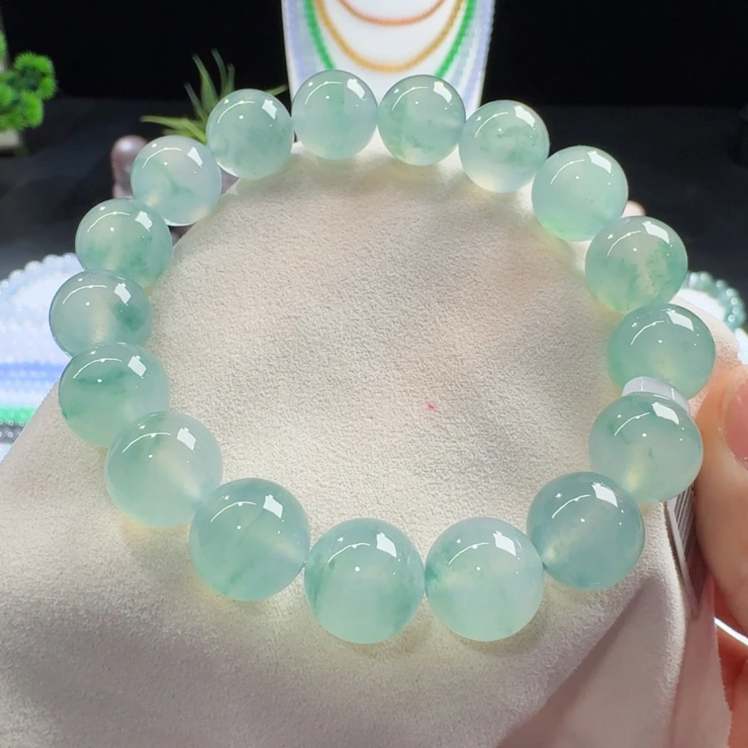 翡翠未镶嵌手链经典木纳果冻飘绿花单圈12.5mm