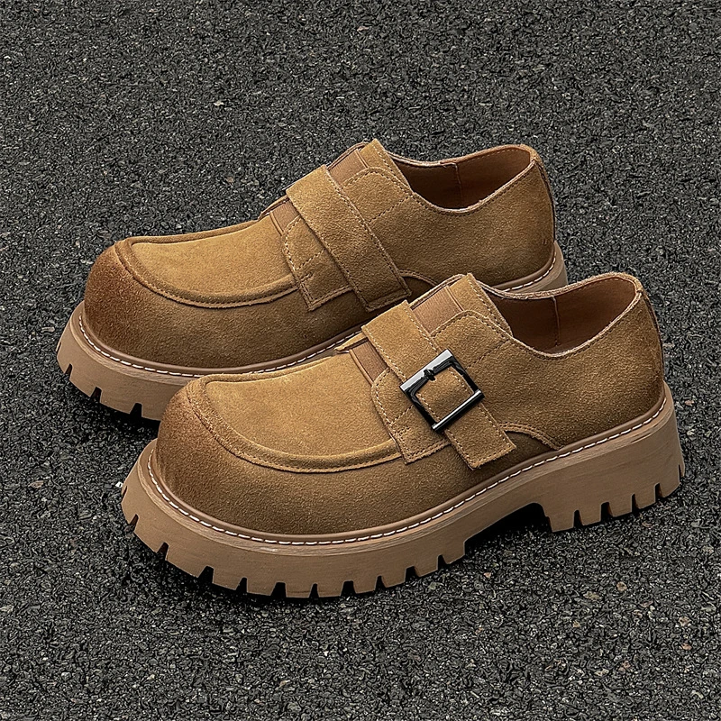 6677夏季皮鞋男新款美式复古工装鞋男卡扣低帮马丁靴男厚底增高鞋