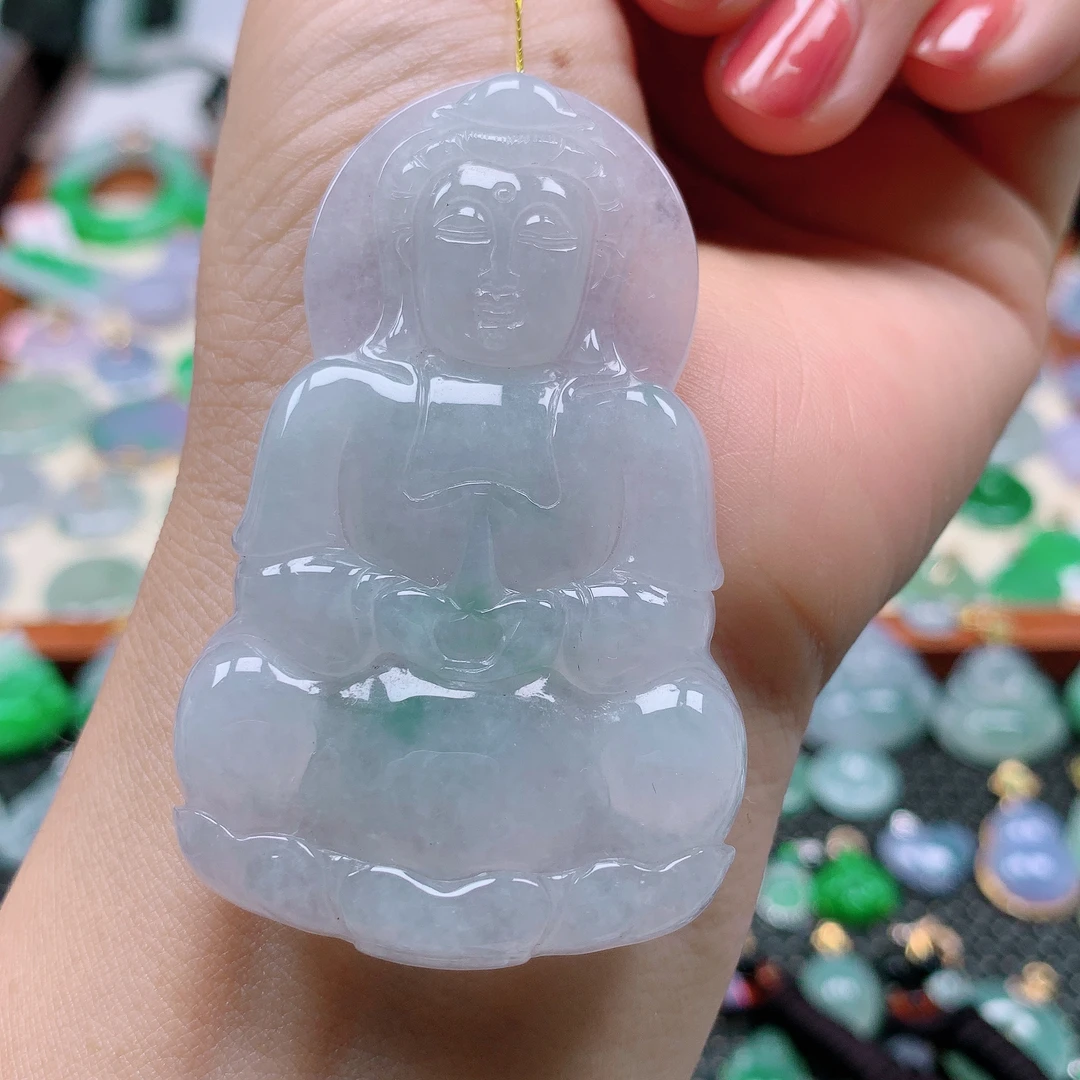 缅甸天然A货翡翠，冰飘花观音 编号446/618尺寸62.7-39-6