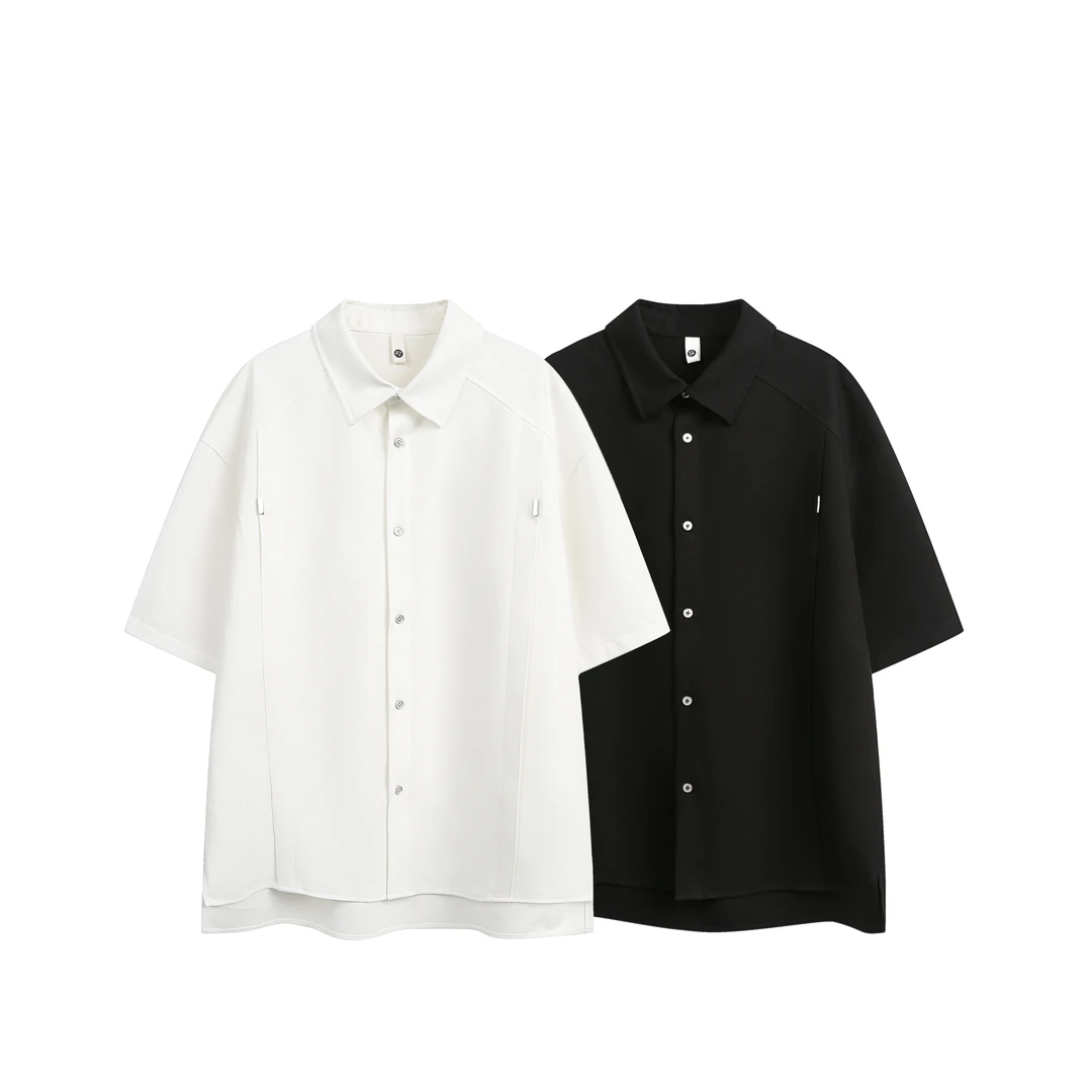 2025美式vibe白色休闲韩版短袖衬衫夏季男女宽松正肩衬衣外套潮