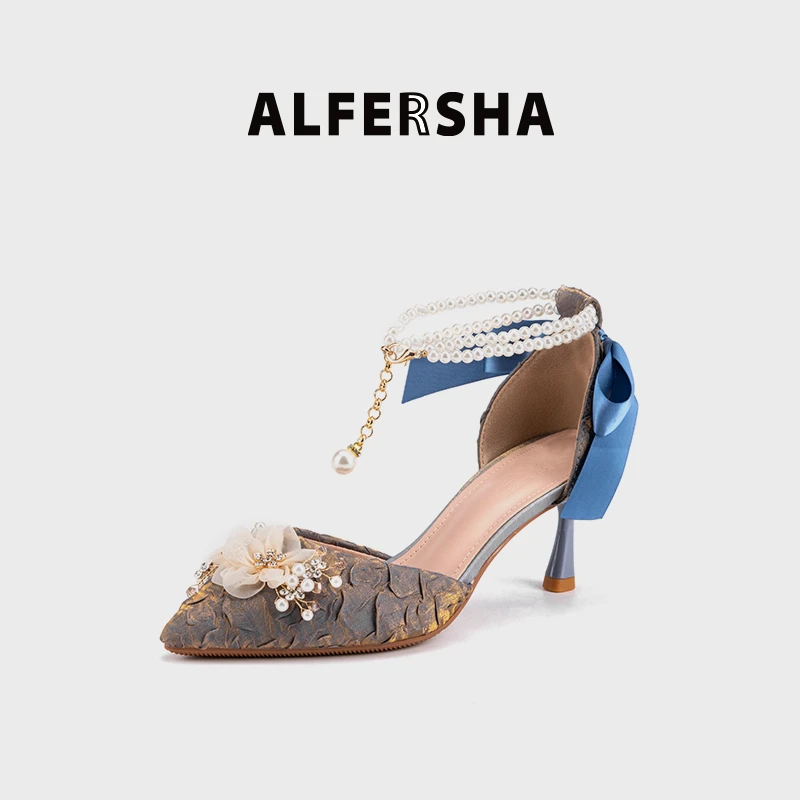 阿芙莎手工鞋28833新款定制高奢珍珠女神花细跟高跟鞋B